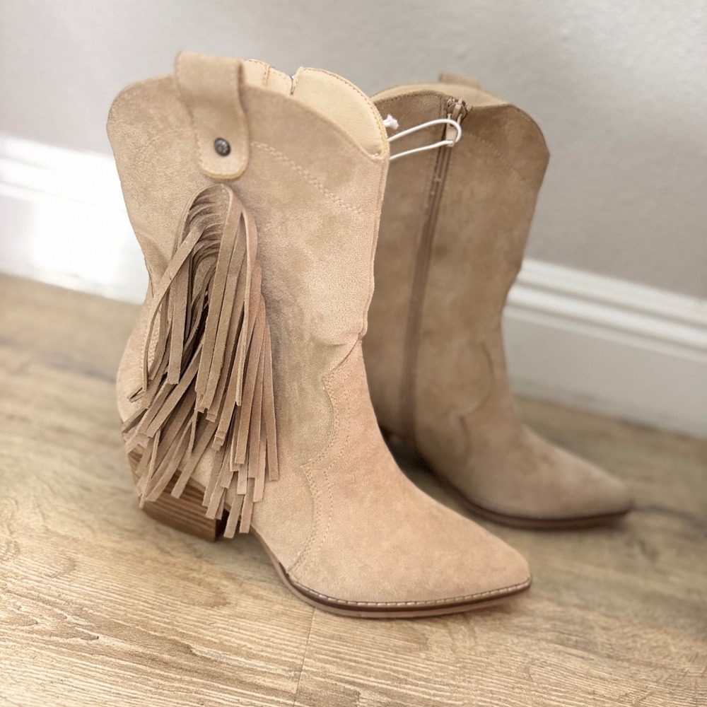 Altar'd State Tan Beige Suede Fringe Cowboy Boots Women's Size 8.5 Cowgirl - Picture 2 of 6